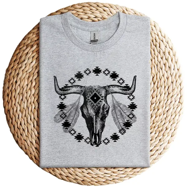 15-3-2.webp Vintage Cow Bull Skull T-Shirt – BOHO Southwestern Aztec Feather Design – Rustic Western Graphic Tee – Unique Cowgirl & Cowboy Shirt
