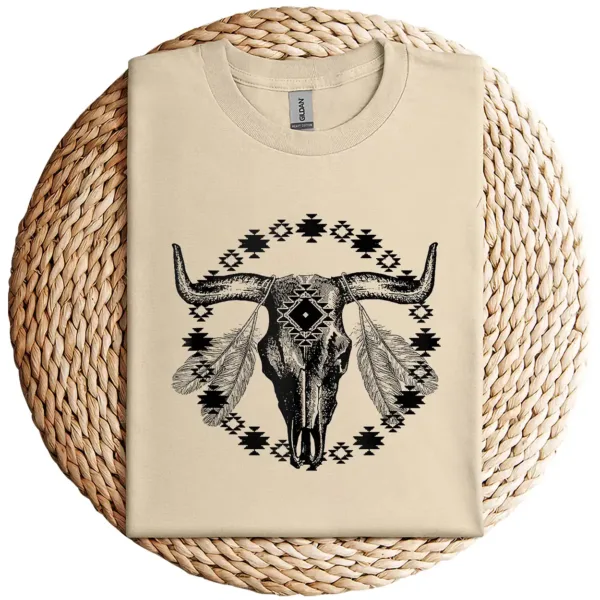 15-4-2.webp Vintage Cow Bull Skull T-Shirt – BOHO Southwestern Aztec Feather Design – Rustic Western Graphic Tee – Unique Cowgirl & Cowboy Shirt