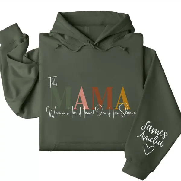 This Mama Wears Her Heart on Her Sleeve Hoodie – Custom Hoodie with Kids’ Names, Personalized Mother’s Day Gift for Mama