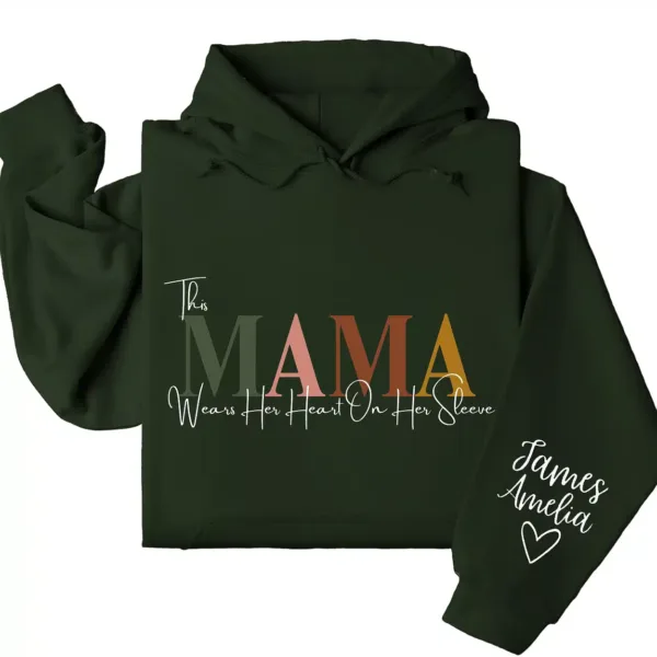 This Mama Wears Her Heart on Her Sleeve Hoodie – Custom Hoodie with Kids’ Names, Personalized Mother’s Day Gift for Mama