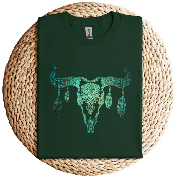 16-1-2.webp Boho Cow Skull T-Shirt – Fun Country & Western Look Tee – Vintage Rodeo Cowgirl Cowboy Graphic Shirt for Women and Men