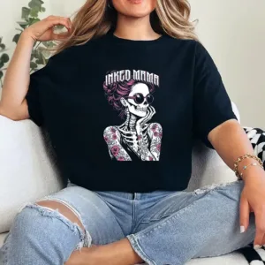 16-1-3.webp Inked Mama Messy Bun Gothic Cute Skeleton Tattoo Mom Ink T-Shirt (3)- Unisex, Gift for Halloween Day, Gift for Mama