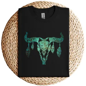 16-2-2.webp Boho Cow Skull T-Shirt – Fun Country & Western Look Tee – Vintage Rodeo Cowgirl Cowboy Graphic Shirt for Women and Men