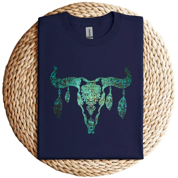 16-3-2.webp Boho Cow Skull T-Shirt – Fun Country & Western Look Tee – Vintage Rodeo Cowgirl Cowboy Graphic Shirt for Women and Men