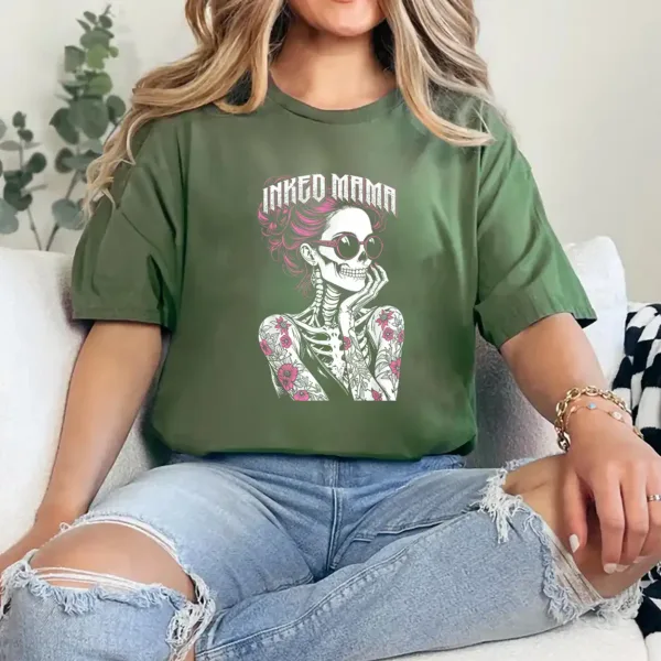 16-3-7.webp Inked Mama Messy Bun Gothic Cute Skeleton Tattoo Mom Ink T-Shirt (3)- Unisex, Gift for Halloween Day, Gift for Mama