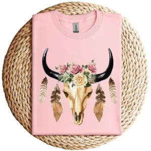 17-1-2.webp Cow Skull with Feathers and Pink Roses T-Shirt – Boho Western Floral Graphic Tee – Country Cowgirl Shirt for Women