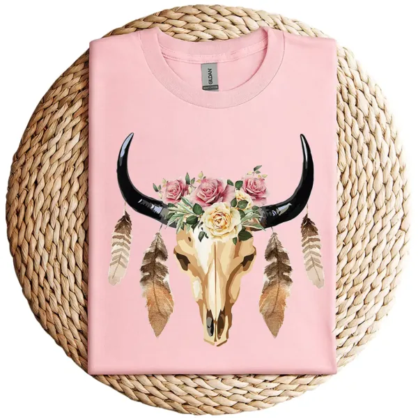 17-1-2.webp Cow Skull with Feathers and Pink Roses T-Shirt – Boho Western Floral Graphic Tee – Country Cowgirl Shirt for Women