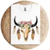 17-2-2.webp Cow Skull with Feathers and Pink Roses T-Shirt – Boho Western Floral Graphic Tee – Country Cowgirl Shirt for Women