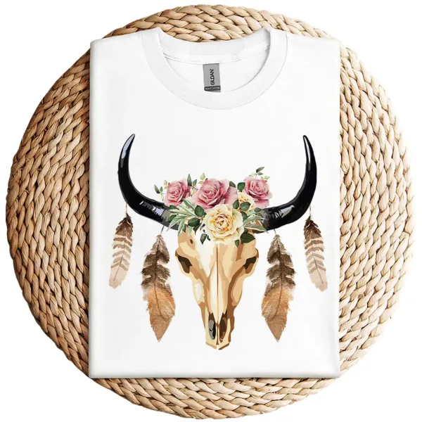 17-2-2.webp Cow Skull with Feathers and Pink Roses T-Shirt – Boho Western Floral Graphic Tee – Country Cowgirl Shirt for Women