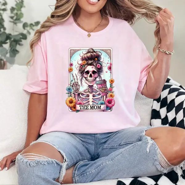 17-2-3.webp The Mom Funny Tarot Card Messy Bun Coffee Skeleton Mama T-Shirt - Unisex, Gift for Halloween Day, Gift for Mama