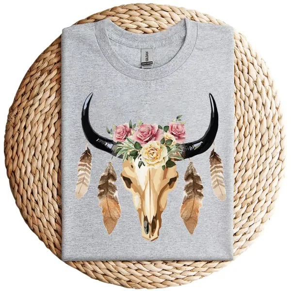 17-3-2.webp Cow Skull with Feathers and Pink Roses T-Shirt – Boho Western Floral Graphic Tee – Country Cowgirl Shirt for Women