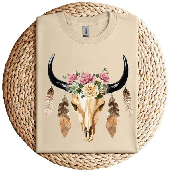 17-4-2.webp Cow Skull with Feathers and Pink Roses T-Shirt – Boho Western Floral Graphic Tee – Country Cowgirl Shirt for Women