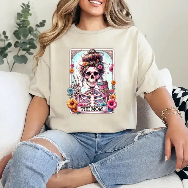 17-4-3.webp The Mom Funny Tarot Card Messy Bun Coffee Skeleton Mama T-Shirt - Unisex, Gift for Halloween Day, Gift for Mama
