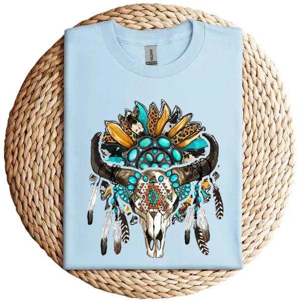 Western Boho Sunflowers Turquoise Cow Bull Skull T-Shirt – Country Cowgirl Graphic Tee – Vintage Rodeo Western Shirt for Women