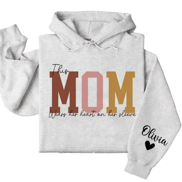 This Mama Wears Her Heart on Her Sleeve Hoodie – Custom Hoodie with Kids’ Names, Personalized Mother’s Day Gift for Mama