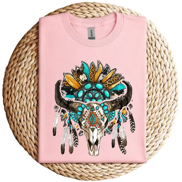 Western Boho Sunflowers Turquoise Cow Bull Skull T-Shirt – Country Cowgirl Graphic Tee – Vintage Rodeo Western Shirt for Women