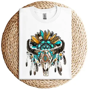 18-3-2-1.webp Western Boho Sunflowers Turquoise Cow Bull Skull T-Shirt – Country Cowgirl Graphic Tee – Vintage Rodeo Western Shirt for Women