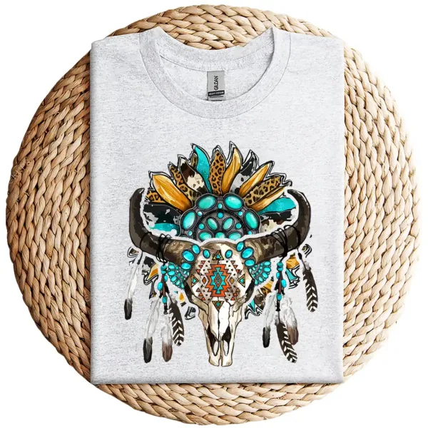 Western Boho Sunflowers Turquoise Cow Bull Skull T-Shirt – Country Cowgirl Graphic Tee – Vintage Rodeo Western Shirt for Women