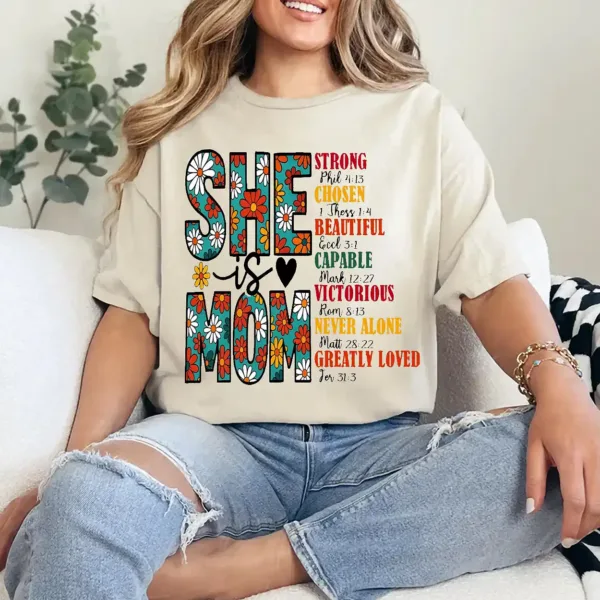 She Is Mom T-Shirt – Retro Christian Mom Shirt with Bible Verse, Blessed Mama Graphic Tee, Faith-Based Mother's Day Gift for Women