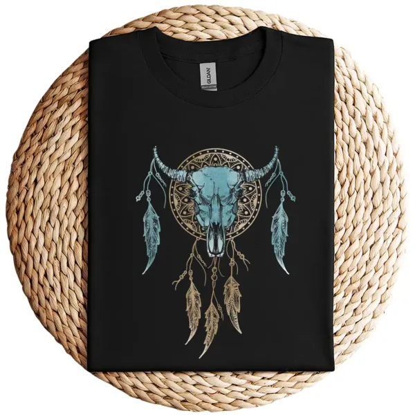 19-2-2.webp Bull Skull Dream Catcher T-Shirt – Western Rodeo Cowboy Cowgirl Boho Sleeveless Shirt – Country Summer Graphic Top
