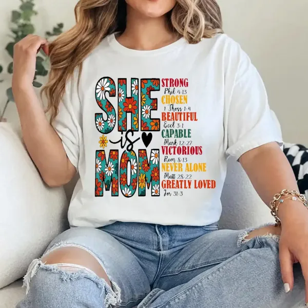 She Is Mom T-Shirt – Retro Christian Mom Shirt with Bible Verse, Blessed Mama Graphic Tee, Faith-Based Mother's Day Gift for Women