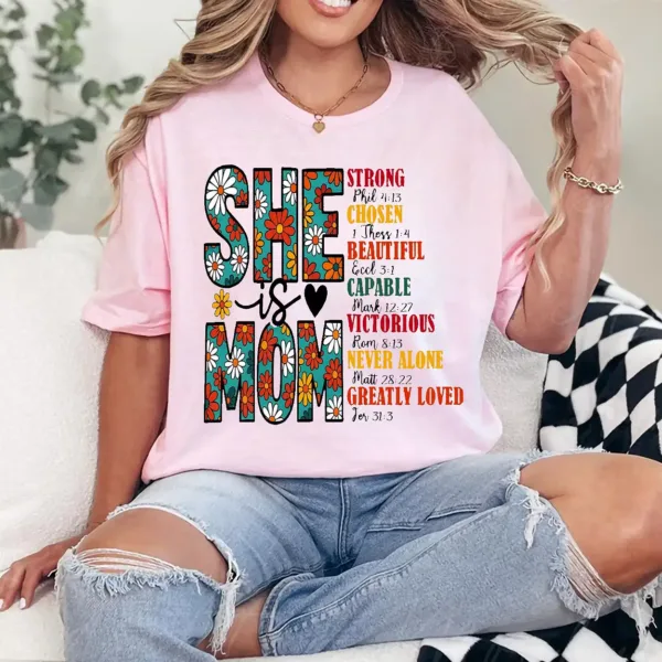 She Is Mom T-Shirt – Retro Christian Mom Shirt with Bible Verse, Blessed Mama Graphic Tee, Faith-Based Mother's Day Gift for Women
