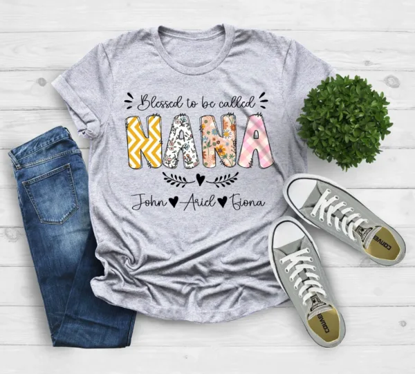 Personalized Grandma Shirt - Blessed to Be Called Nana with Kids' Art & Flower - Custom First Time Grandma T-Shirt