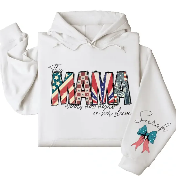 Custom American Mama Hoodie – This Mom Wears Her Heart on Her Sleeve with Kids' Names, 4th of July USA Mom Gift