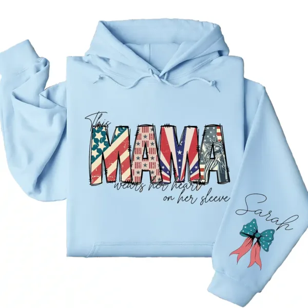 Custom American Mama Hoodie – This Mom Wears Her Heart on Her Sleeve with Kids' Names, 4th of July USA Mom Gift