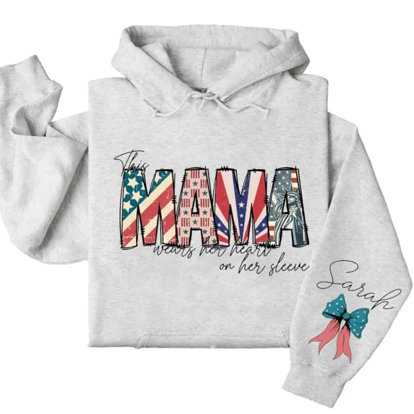 Custom American Mama Hoodie – This Mom Wears Her Heart on Her Sleeve with Kids' Names, 4th of July USA Mom Gift