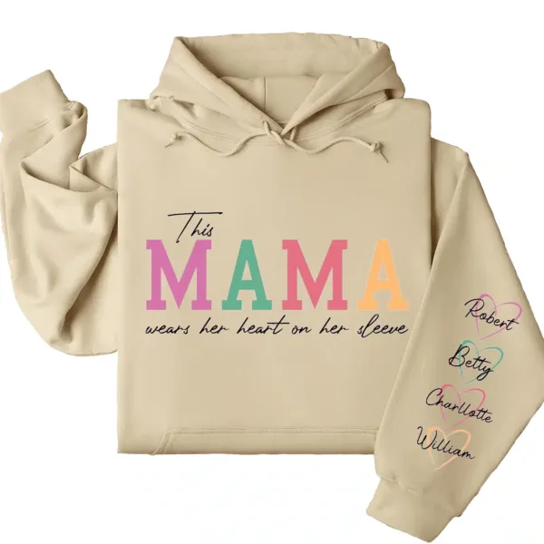 Custom This Mama Wears Her Heart on Her Sleeve Hoodie – Personalized Mom Hoodie with Kids’ Names, Mother’s Day Gift for Her