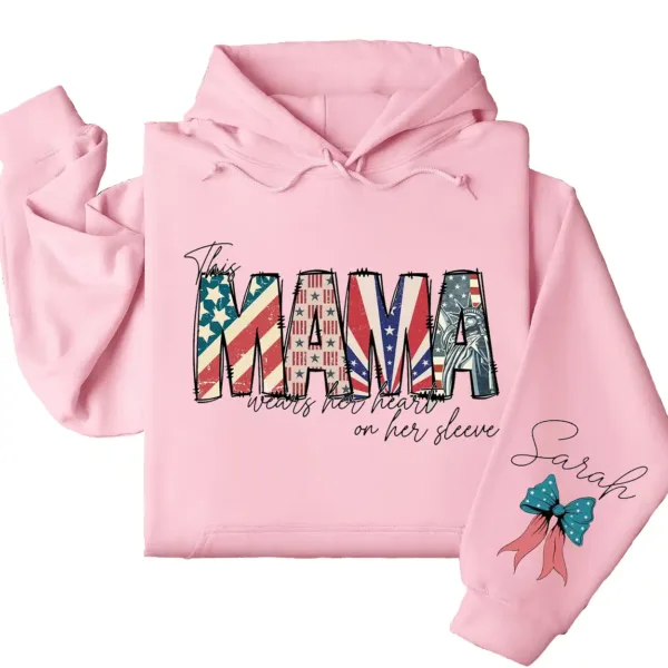 Custom American Mama Hoodie – This Mom Wears Her Heart on Her Sleeve with Kids' Names, 4th of July USA Mom Gift