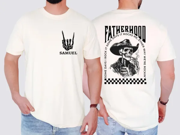 21-1-3.webp Fatherhood T-Shirt, Funny Skeleton Dad, Sometimes I Rock It Sometimes It Rocks Me Tee, Cowboy Dad Shirt, Gift For Dad