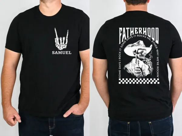 21-4-1.webp Fatherhood T-Shirt, Funny Skeleton Dad, Sometimes I Rock It Sometimes It Rocks Me Tee, Cowboy Dad Shirt, Gift For Dad
