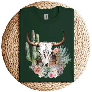 3-1-6.webp Western Boho Chic Longhorn Bull Skull T-Shirt – Beige Cactus Pattern Graphic Tee – Southwestern Vintage Style – Rodeo Cowgirl Shirt