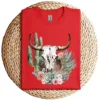 Western Boho Chic Longhorn Bull Skull T-Shirt – Beige Cactus Pattern Graphic Tee – Southwestern Vintage Style – Rodeo Cowgirl Shirt