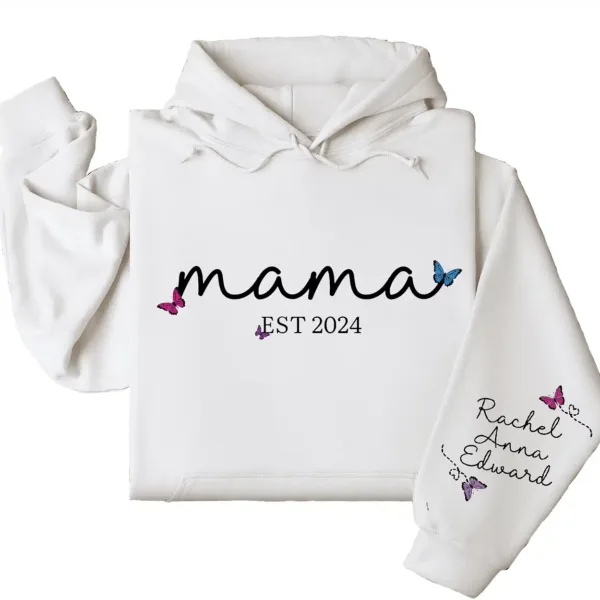 Personalized Mama Hoodie with Kids' Names on Sleeve, Est. 2025 – Custom Mother's Day Gift, Family Name Hoodie