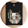 Western Boho Chic Longhorn Bull Skull T-Shirt – Beige Cactus Pattern Graphic Tee – Southwestern Vintage Style – Rodeo Cowgirl Shirt