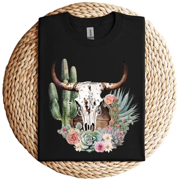 Western Boho Chic Longhorn Bull Skull T-Shirt – Beige Cactus Pattern Graphic Tee – Southwestern Vintage Style – Rodeo Cowgirl Shirt