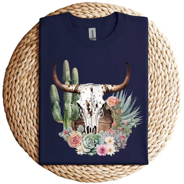Western Boho Chic Longhorn Bull Skull T-Shirt – Beige Cactus Pattern Graphic Tee – Southwestern Vintage Style – Rodeo Cowgirl Shirt