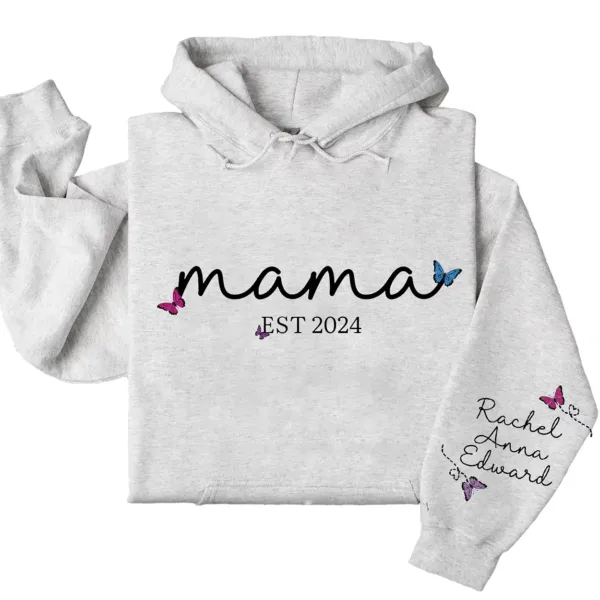 Personalized Mama Hoodie with Kids' Names on Sleeve, Est. 2025 – Custom Mother's Day Gift, Family Name Hoodie