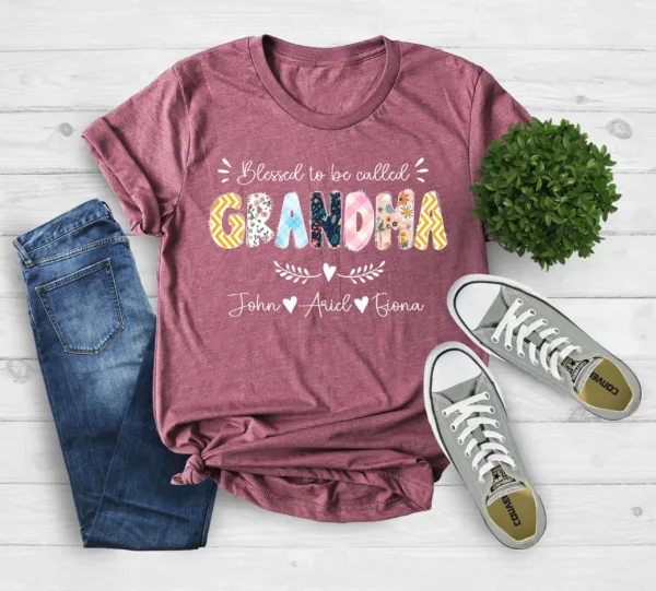 Personalized Grandma Shirt - Blessed to Be Called Nana with Kids' Art & Flower - Custom First Time Grandma T-Shirt
