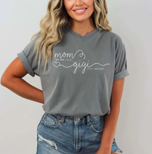 4-8.jpeg Mom Est Gigi Est Custom Shirt - Pregnancy Announcement Gift - Gigi T-Shirt - New Grandma Shirt - Pregnancy Reveal Gift for Mother's Day
