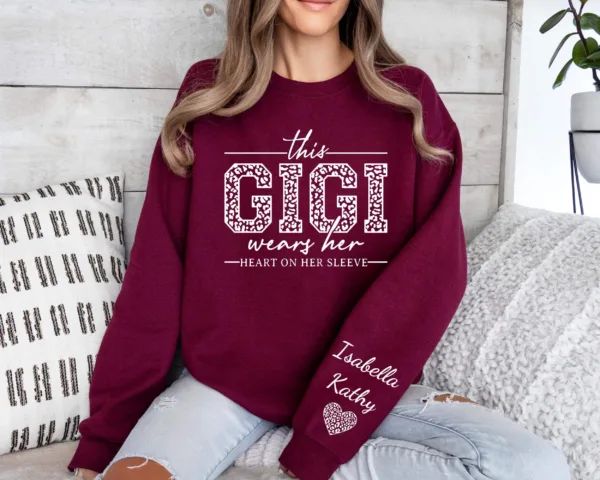 Custom Gigi Sweatshirt, Custom Grandma Gift, This Gigi Wears Her Heart On Her Sleeve Sweater, With Kids' Names On Sleeve, Gigi Gift on Mother's Day