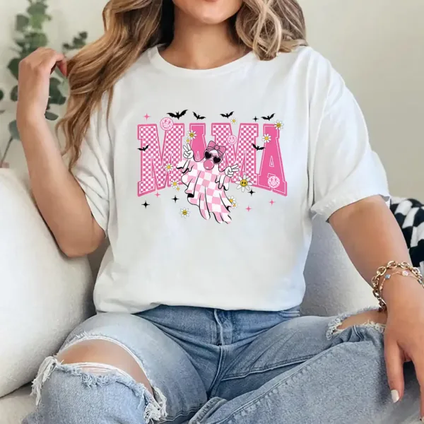 Mama Halloween Cute Ghost Trendy Checkered Pink Men Women T-Shirt - Unisex, Gift for Halloween Day,  Gift for Mama