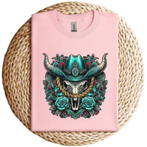 6-1-6.webp Turquoise Cow Skull T-Shirt – Western Bull Skull Graphic Tee – Rodeo Queen Country Shirt – Southwestern Boho Style – Vintage Cowgirl Top