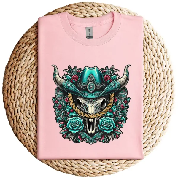 6-1-6.webp Turquoise Cow Skull T-Shirt – Western Bull Skull Graphic Tee – Rodeo Queen Country Shirt – Southwestern Boho Style – Vintage Cowgirl Top