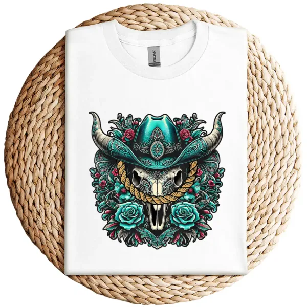6-2-6.webp Turquoise Cow Skull T-Shirt – Western Bull Skull Graphic Tee – Rodeo Queen Country Shirt – Southwestern Boho Style – Vintage Cowgirl Top