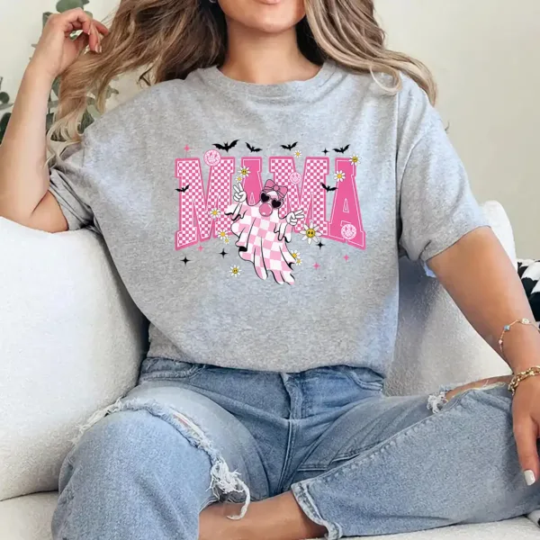 Mama Halloween Cute Ghost Trendy Checkered Pink Men Women T-Shirt - Unisex, Gift for Halloween Day,  Gift for Mama