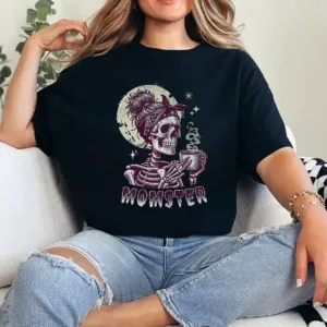 Momster Skull Mom Coffee Lover Halloween Messy Hair Bun Mama T-Shirt - Unisex, Gift for Halloween Day,  Gift for Mama
